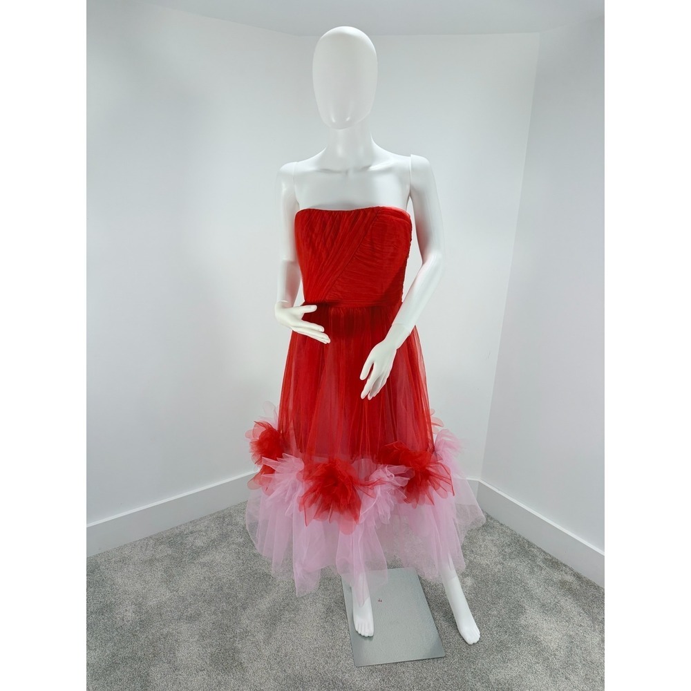BCBGMAXAZRIA Rosso Red Pink Tulle Strapless Floral Applique Dress 8 DEX6267813